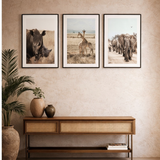 Three framed animal prints on a wall above a wooden console table.